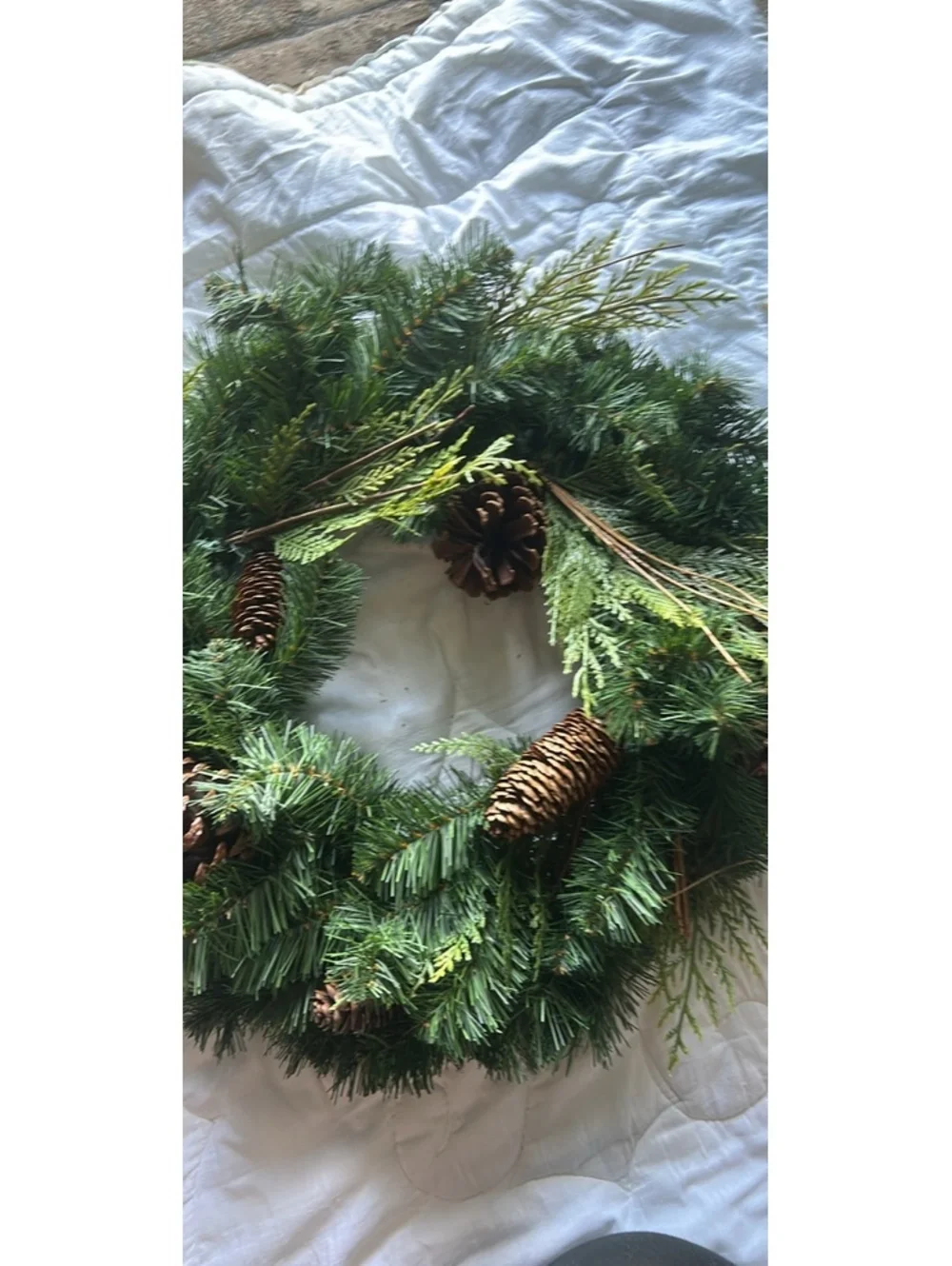 Green Pine and Cedar Holiday Wreath with Pinecones